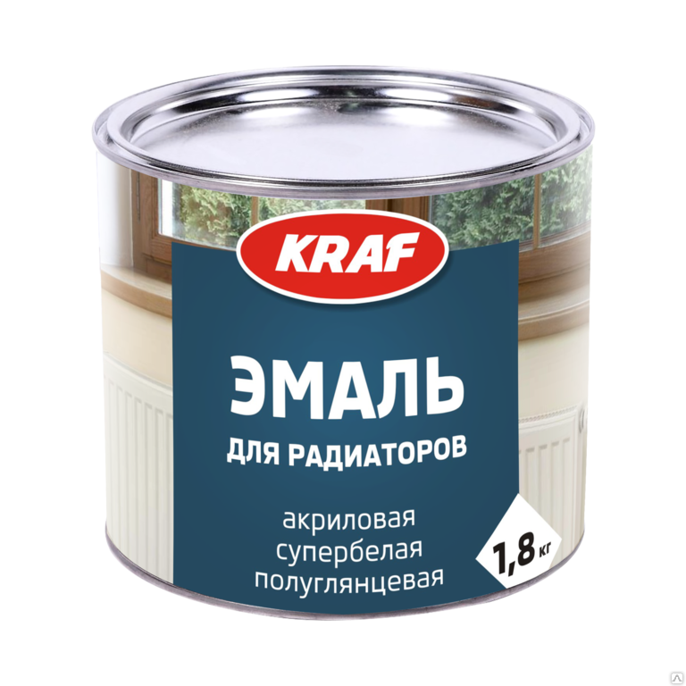 Эмаль для радиаторов акриловая KRAF супербелая полуглянцевая (банка 1кг)